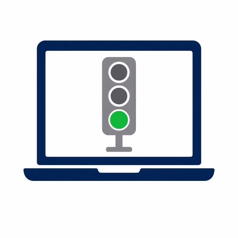 IT-Quick-Check Göttingen: Laptop-Icon mit grüner Ampel für optimal laufende IT-Infrastruktur in Unternehmen.