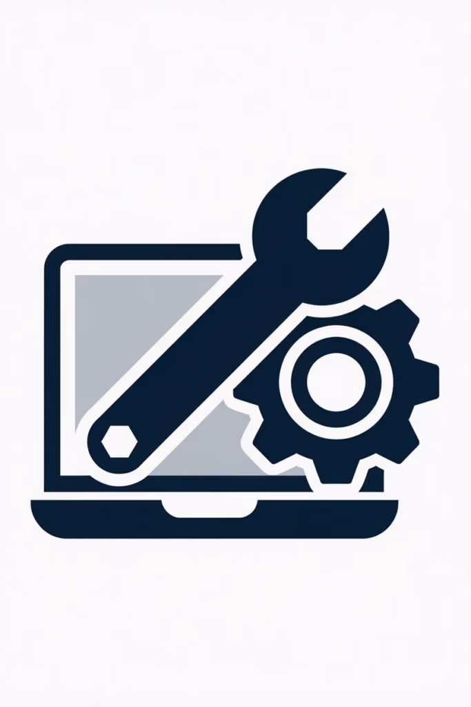 Icon eines Laptops mit Schraubenschlüssel und Zahnrad für die professionelle IT-Wartung und System-Installation.